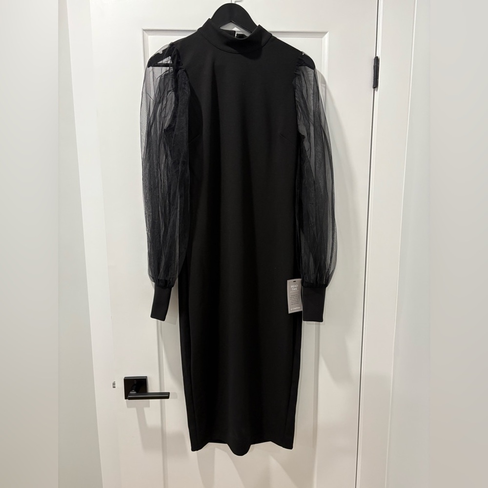 le chateau Black Midi Dress with Sheer Tulle Sleeves